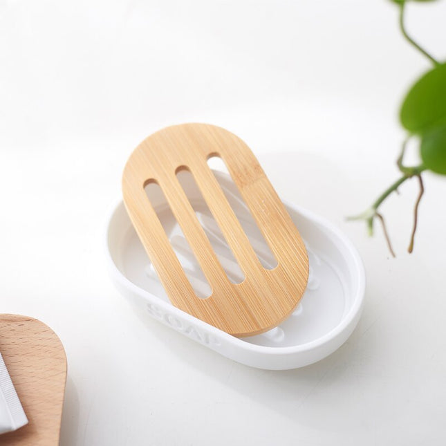 Hvit såpeholder med drenering i bambus