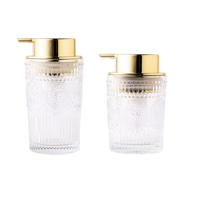 Elegant såpedispenser i glass med gulldetaljer