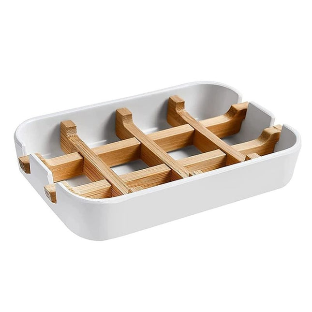 Hvit såpeholder med bambusrist