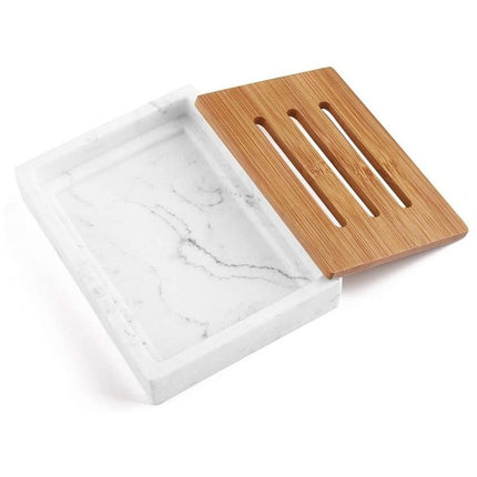 Såpeholder med marmor-look og bambusrist