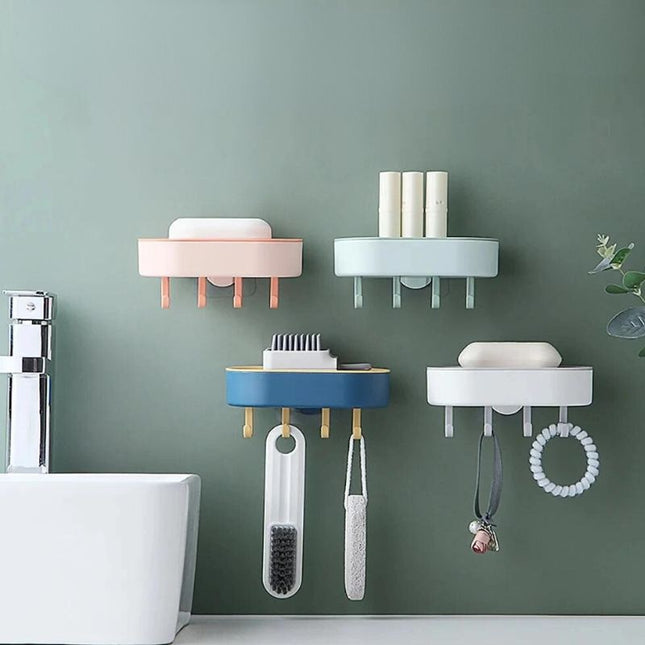 Veggmontert såpeholder med integrerte kroker