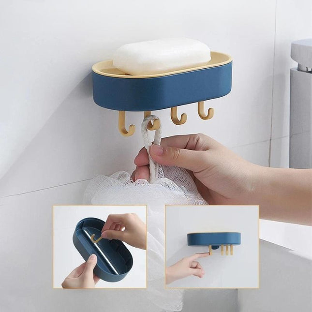 Veggmontert såpeholder med integrerte kroker