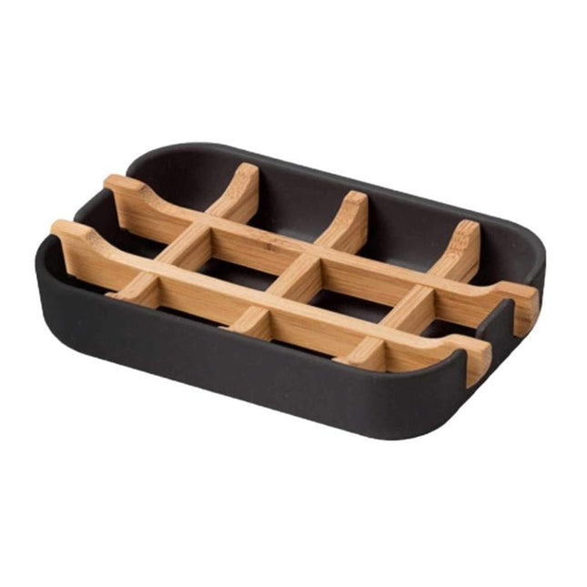 Svart såpeholder med avtagbar bambusrist