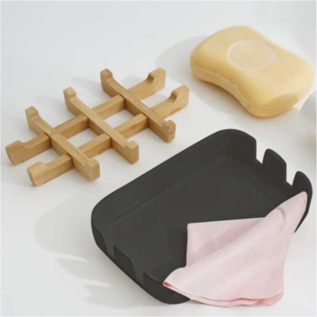 Svart såpeholder med avtagbar bambusrist