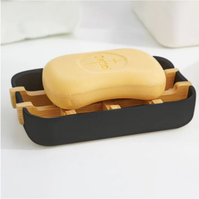 Svart såpeholder med avtagbar bambusrist