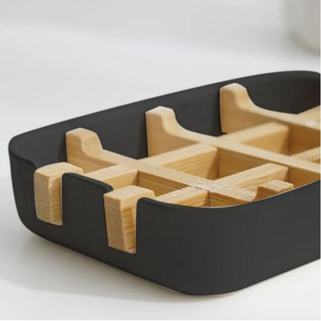 Svart såpeholder med avtagbar bambusrist