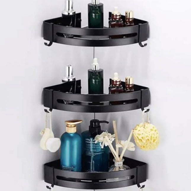 Svart hjørnehylle for dusj med kroker