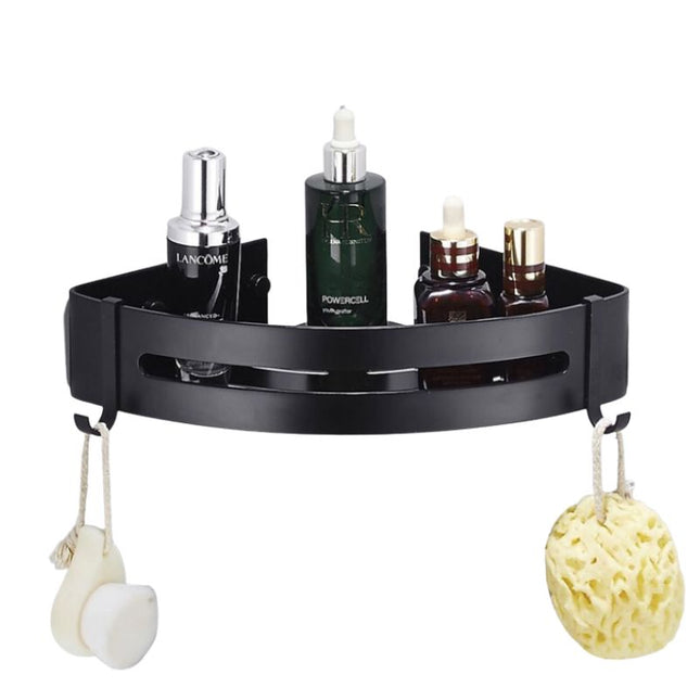 Svart hjørnehylle for dusj med kroker